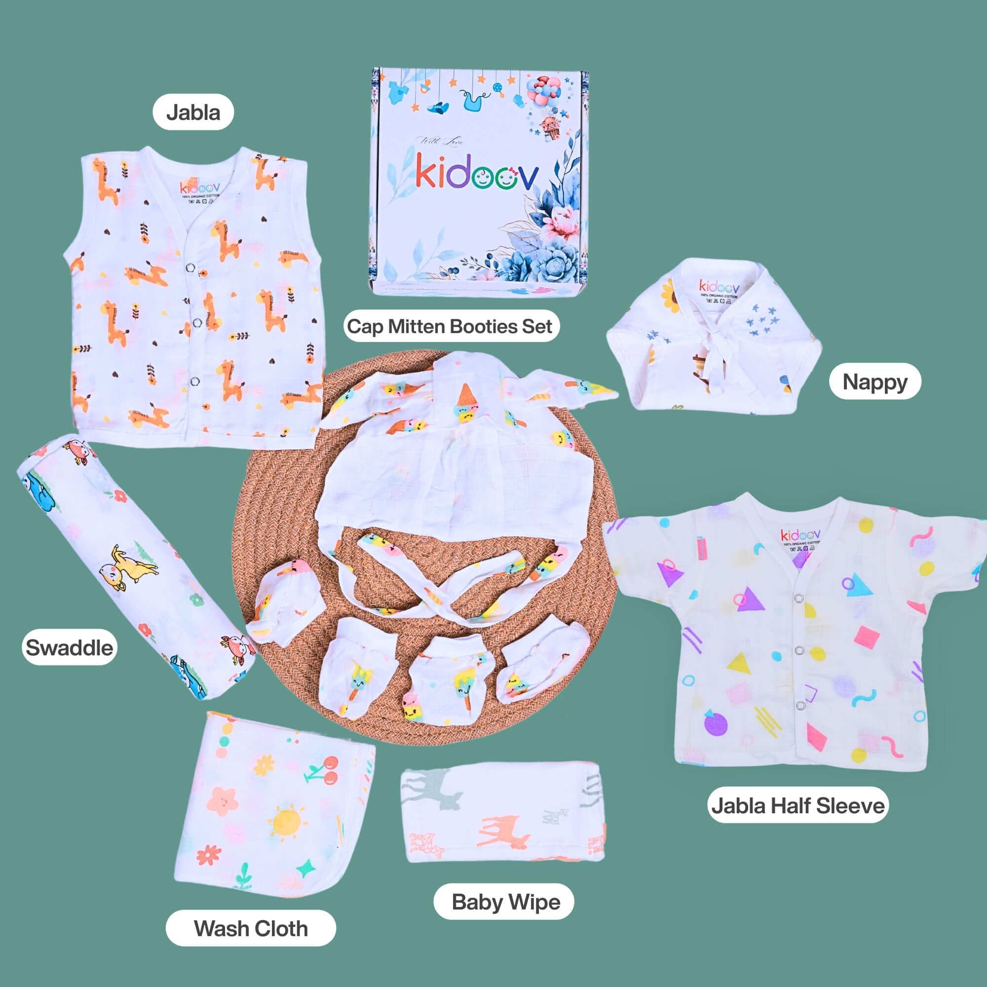 Baby boy clothing gift set with jablas, swaddle, and nappy
