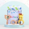 Hello World Baby Gift Set 3 front view with giraffe crochet rattle, fish and bear wooden teethers, and swaddle